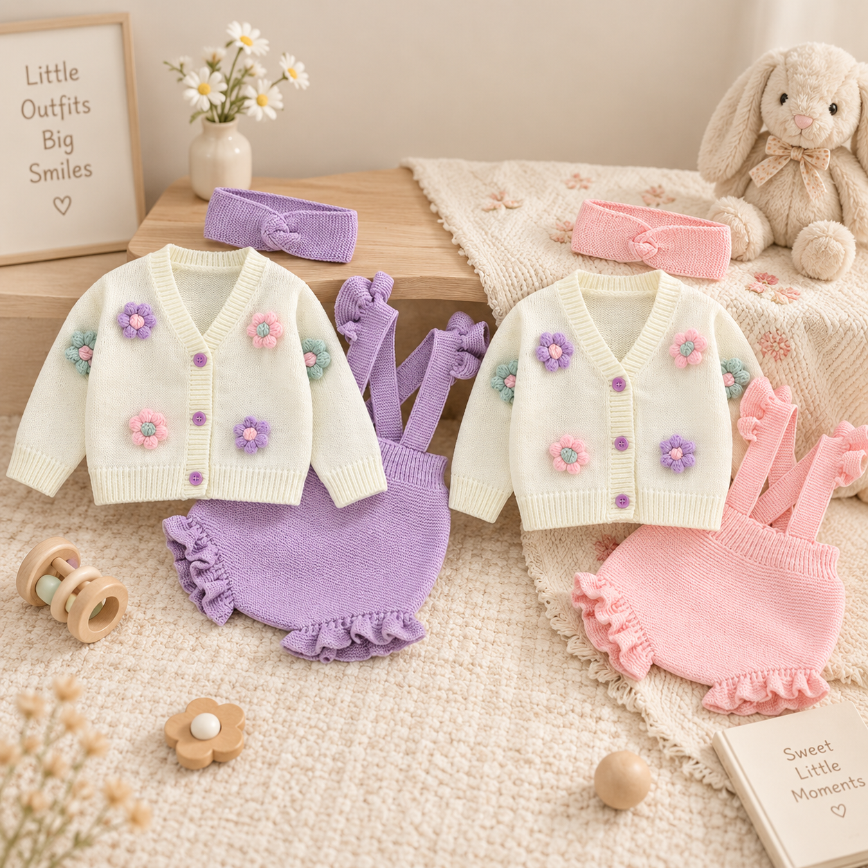 FloraKnit – Douceur et mignonnerie – Tenue pour bébé avec gilet, salopette et bandeau