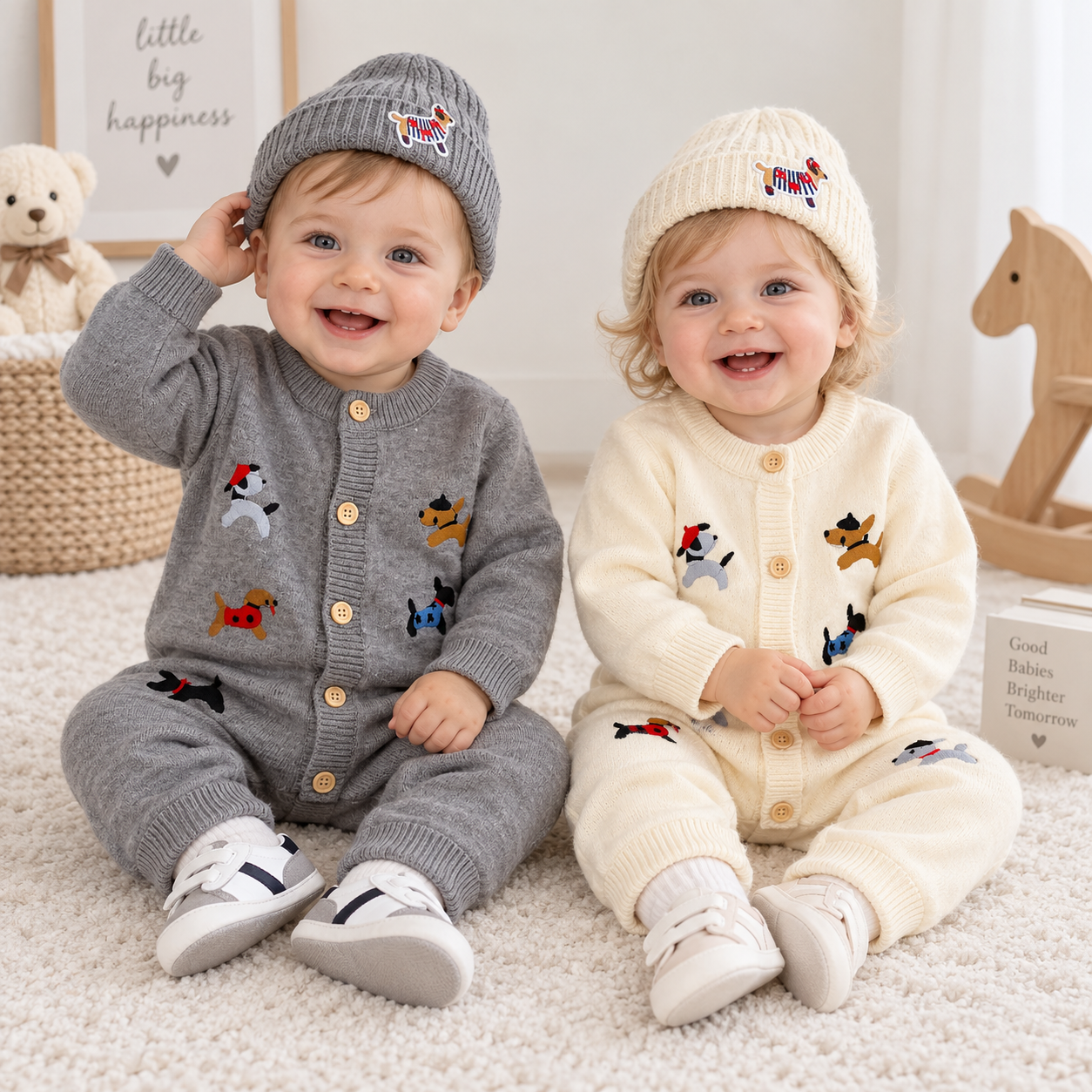 PlayfulKnit – Doux et mignon – Combinaison pour bébé en tricot avec imprimé chiens