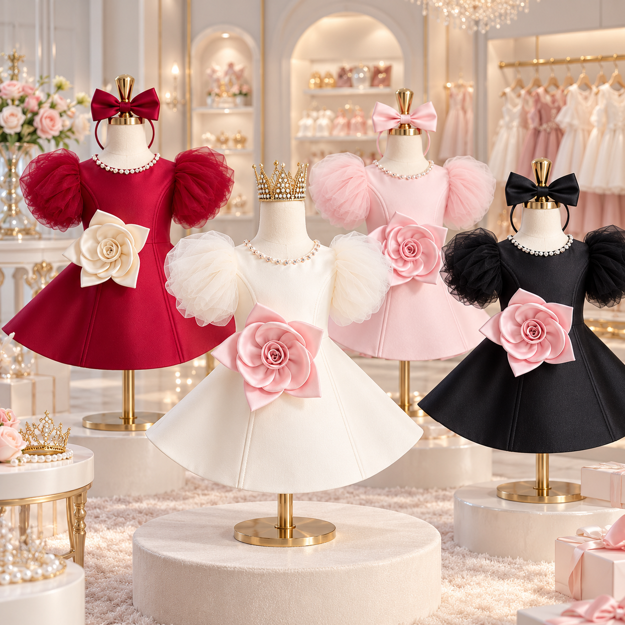 LittleRose – Élégante et festive – Robe pour fille avec fleur en 3D et manches bouffantes
