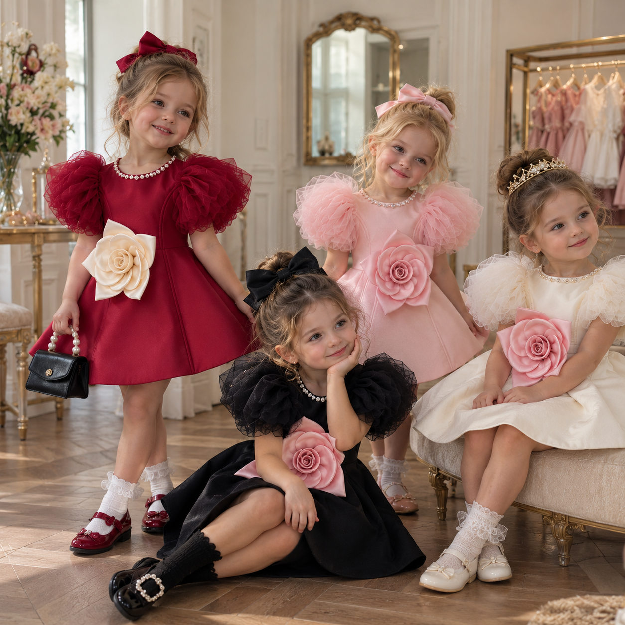 LittleRose – Élégante et festive – Robe pour fille avec fleur en 3D et manches bouffantes