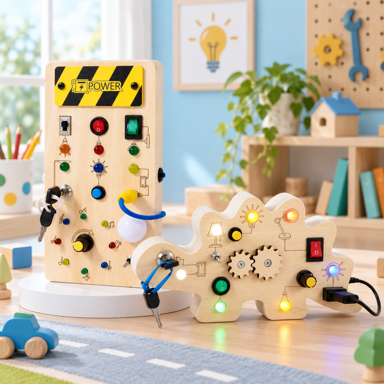 TinyTech – Tableau d'activités en bois avec lumières et interrupteurs – Jouet éducatif