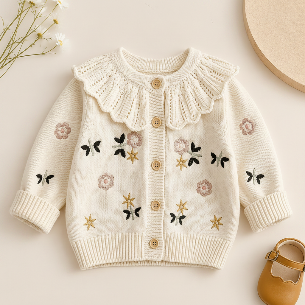 FloraKnit – Chaleureux et tendance – Cardigan en maille avec des détails floraux