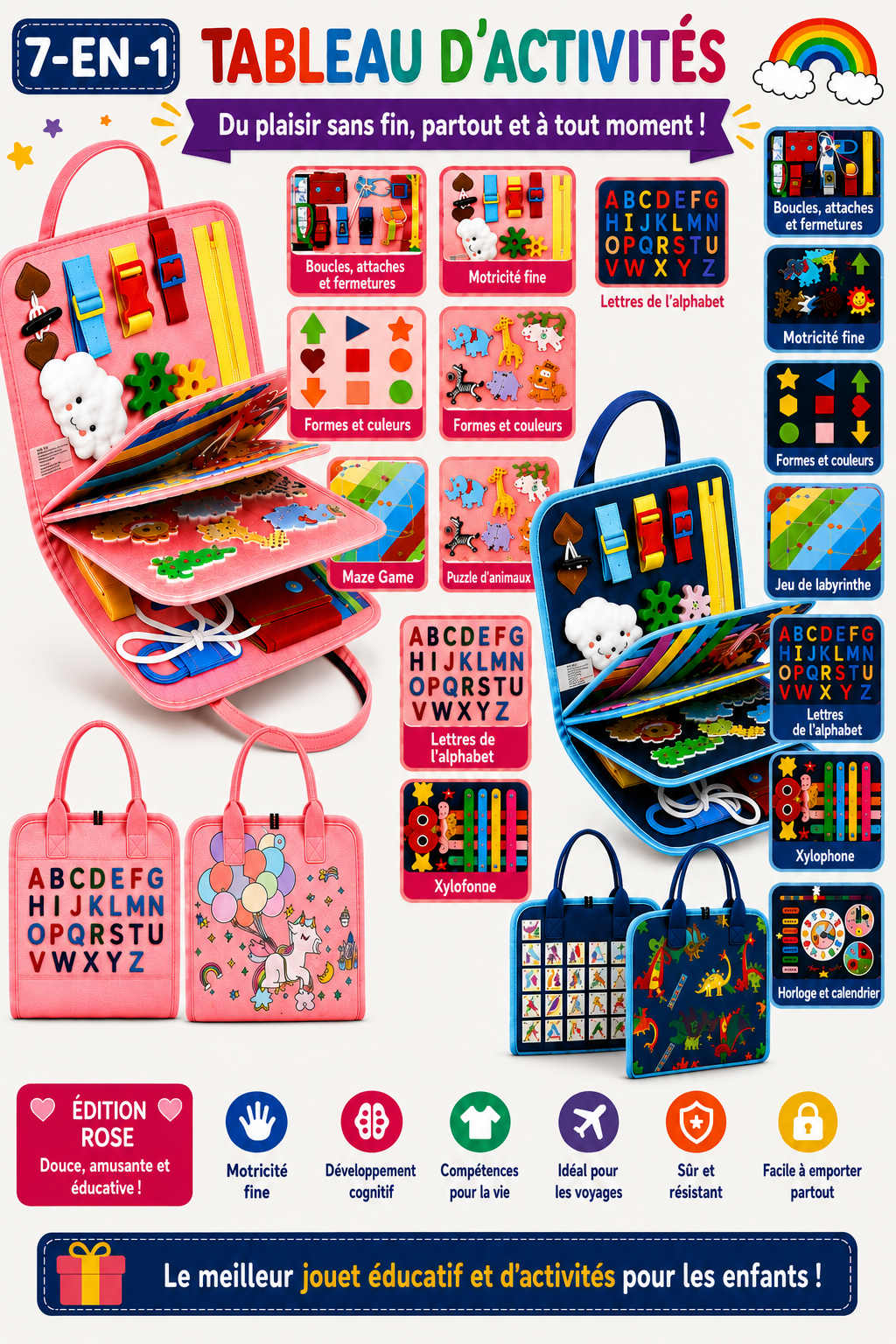 7-in-1 Busy Board – Motricité et apprentissage – Tableau d'activités