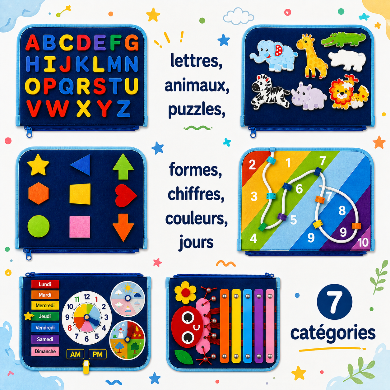 7-in-1 Busy Board – Motricité et apprentissage – Tableau d'activités