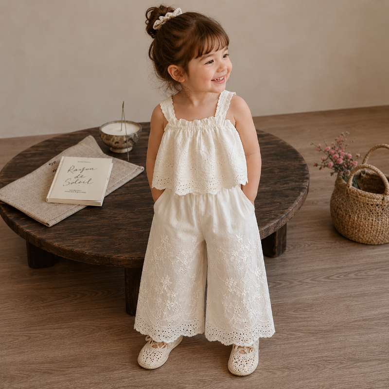 TinyLuxe – Ensemble d'été composé d'un haut en dentelle et d'un pantalon à jambes larges