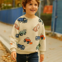 Thumbnail for TruckTales – Doux et chaud - Pull avec des véhicules de construction colorés