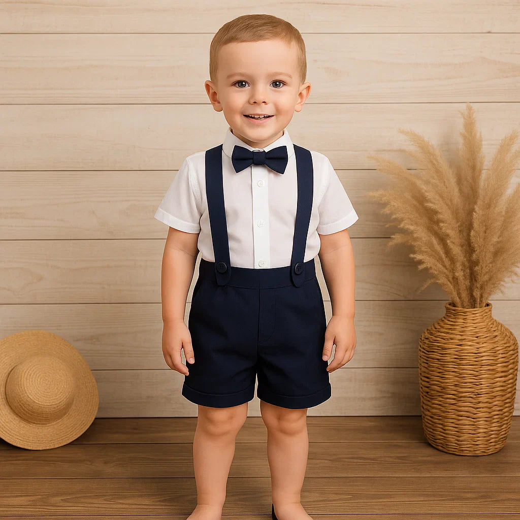 LittleDandy – Classique et élégant – Short en coton avec bretelles, nœud et chemise
