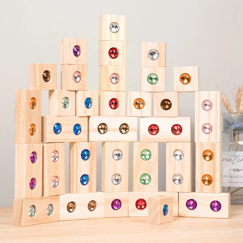 Rainbow Gem Stacking Blocks – Créatif et éducatif – Jeu de blocs empilables en bois
