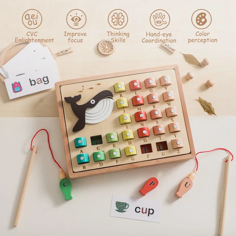 Woods™ - Apprendre les mots et les lettres - Jeu de poissons magnétique en bois