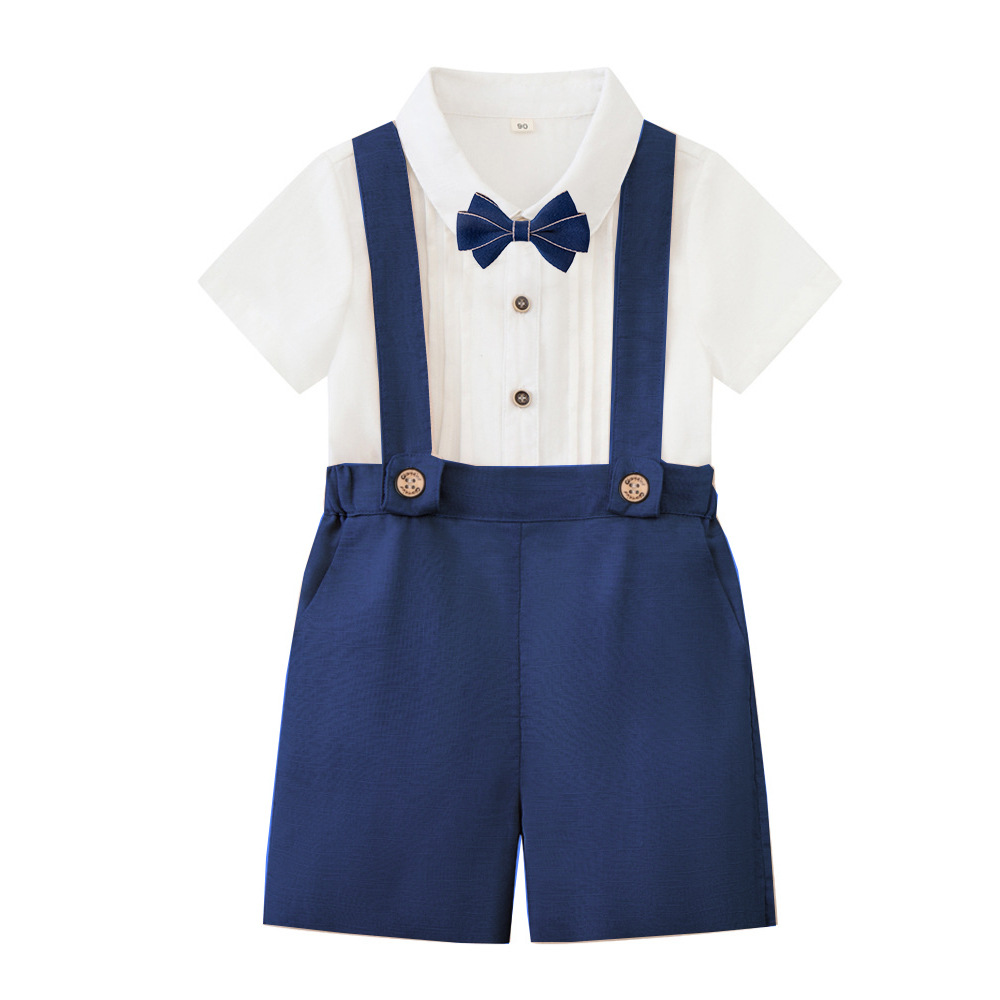 LittleDandy – Classique et élégant – Short en coton avec bretelles, nœud et chemise