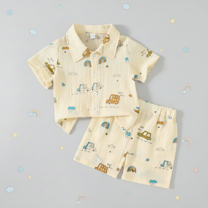 Dinosaur & Car Print Outfit – Tendance et ludique – Ensemble de vêtements d'été