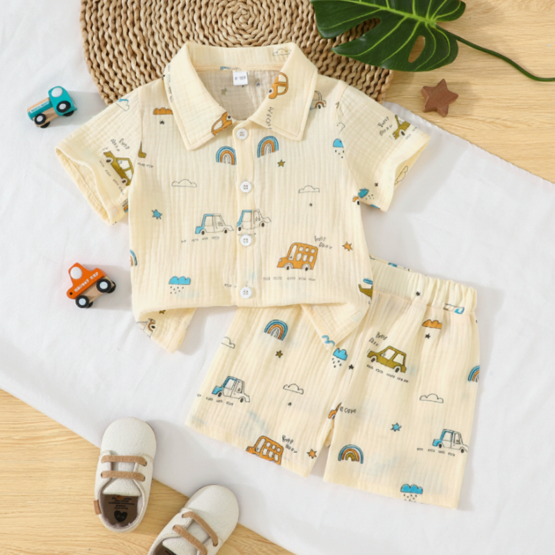 Dinosaur & Car Print Outfit – Tendance et ludique – Ensemble de vêtements d'été