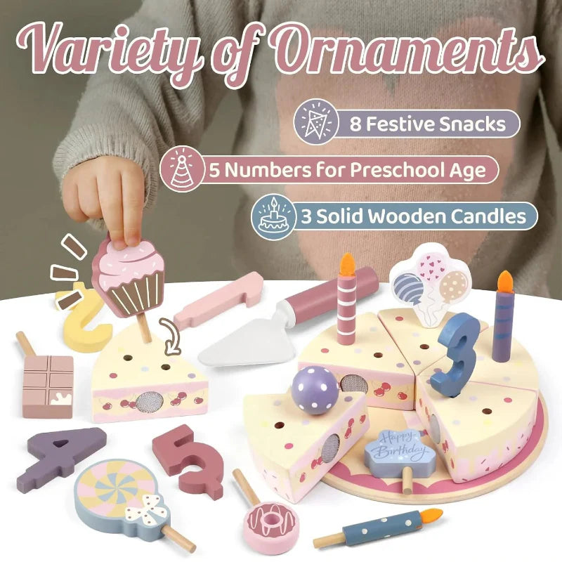 Wooden Cake Cutting Toy – Créativité et jeux de rôle – Gâteau d'anniversaire en bois