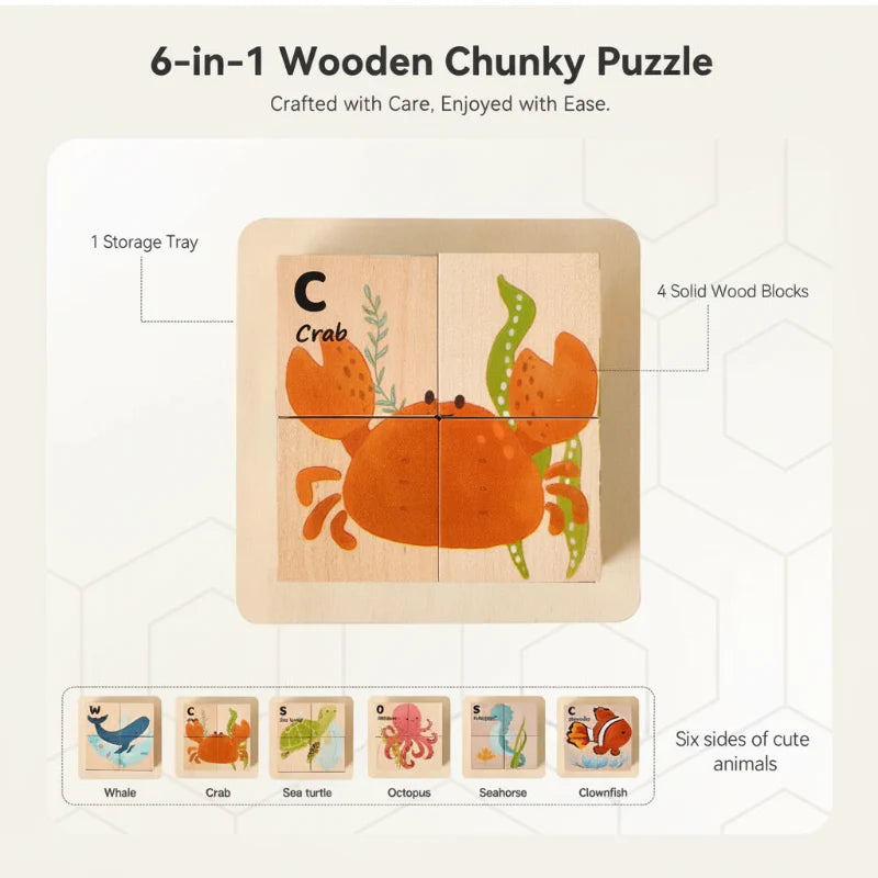 WoodMind – Créatif et éducatif – Puzzle en bois 6 en 1 Montessori Animaux