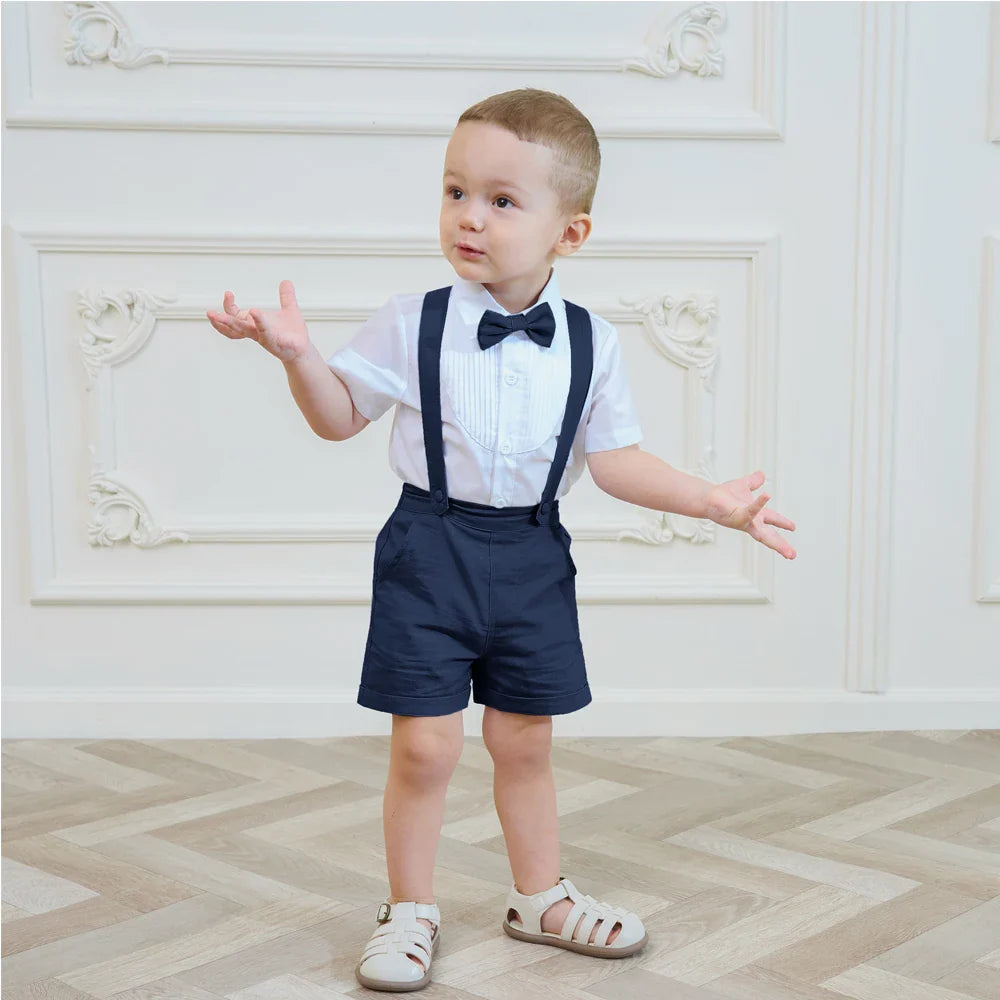 LittleDandy – Classique et élégant – Short en coton avec bretelles, nœud et chemise