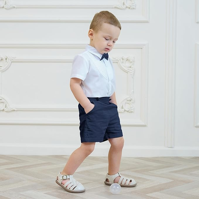 LittleDandy – Classique et élégant – Short en coton avec bretelles, nœud et chemise