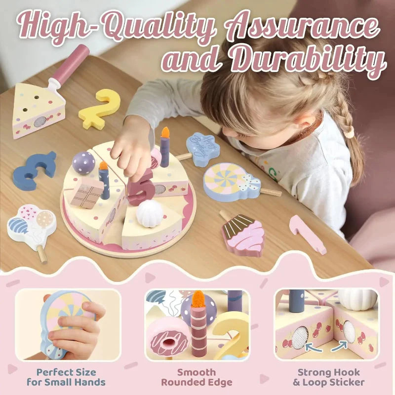 Wooden Cake Cutting Toy – Créativité et jeux de rôle – Gâteau d'anniversaire en bois