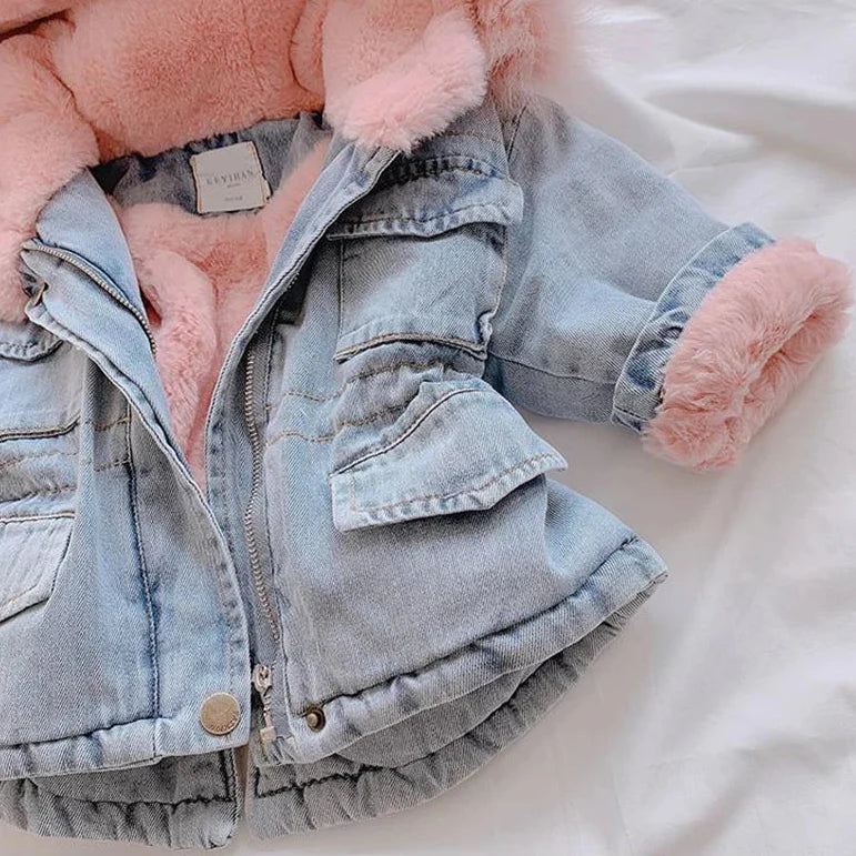 FurDream – Denim Look – Manteau d'hiver avec capuche