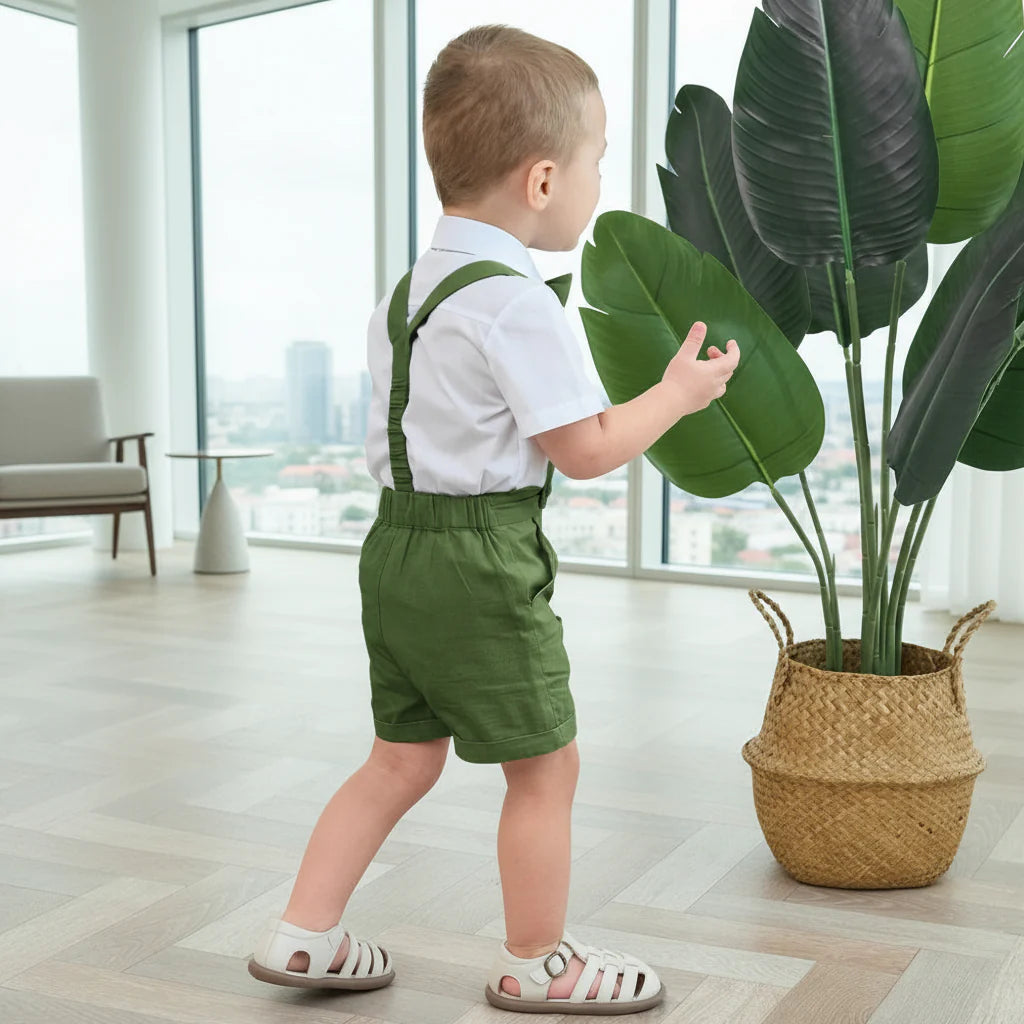 LittleDandy – Classique et élégant – Short en coton avec bretelles, nœud et chemise