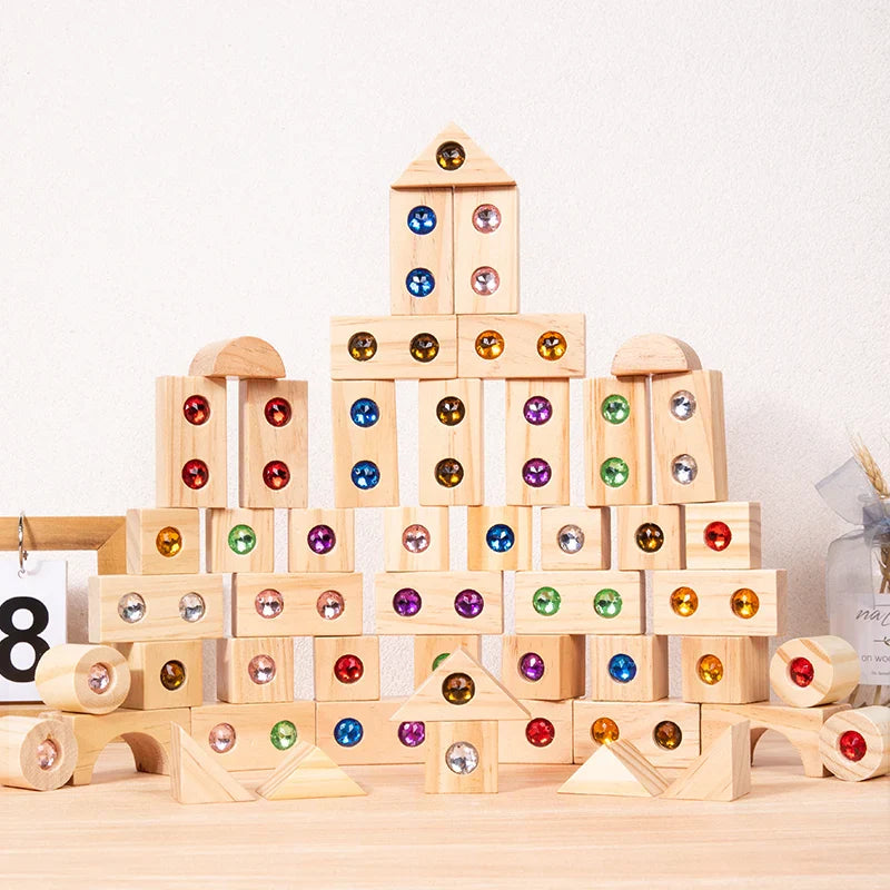 Rainbow Gem Stacking Blocks – Créatif et éducatif – Jeu de blocs empilables en bois