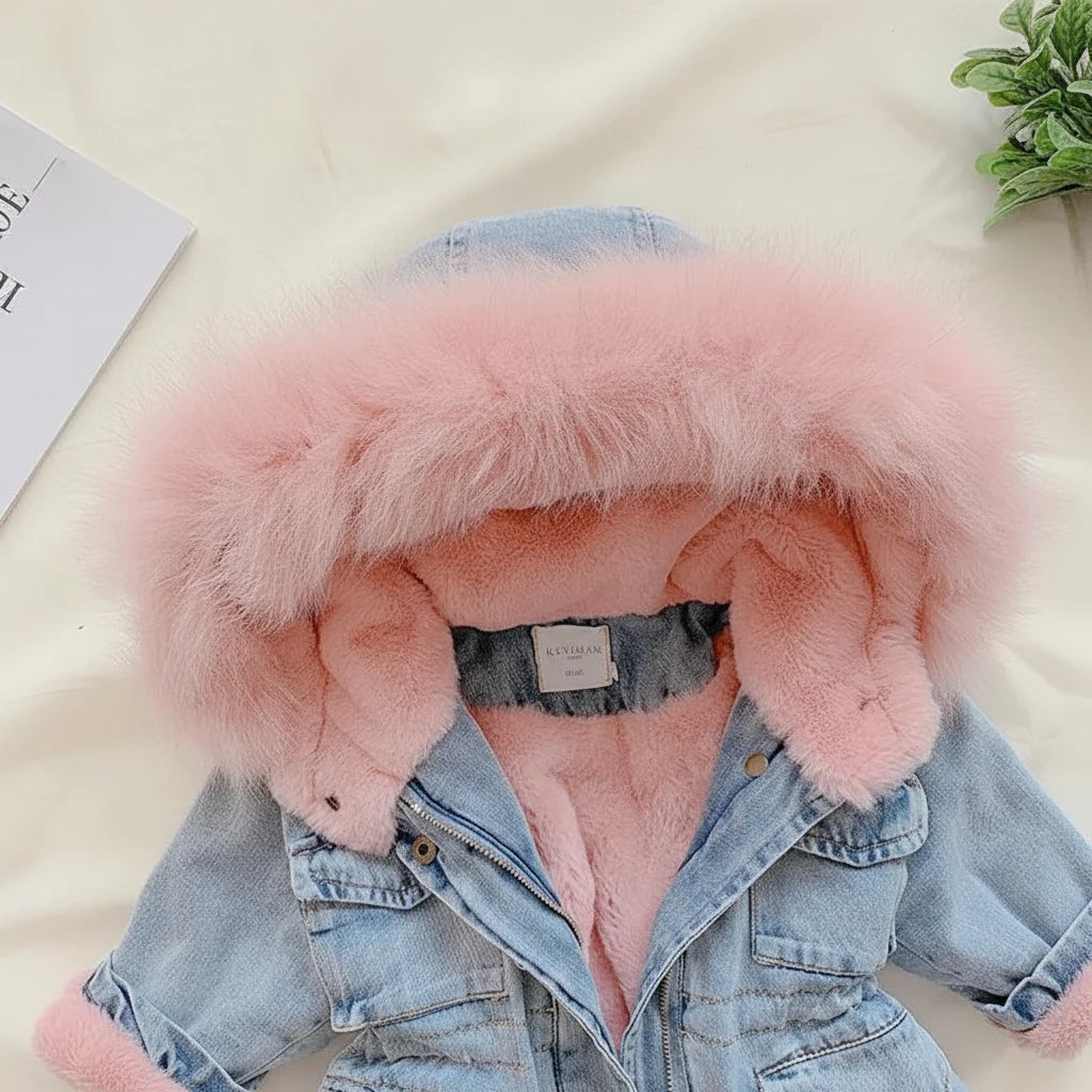 FurDream – Denim Look – Manteau d'hiver avec capuche
